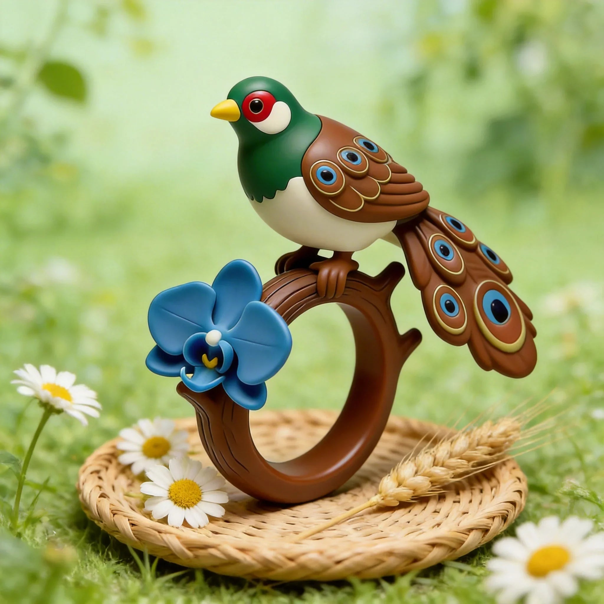 Colorful Feather Blue Flower Ring